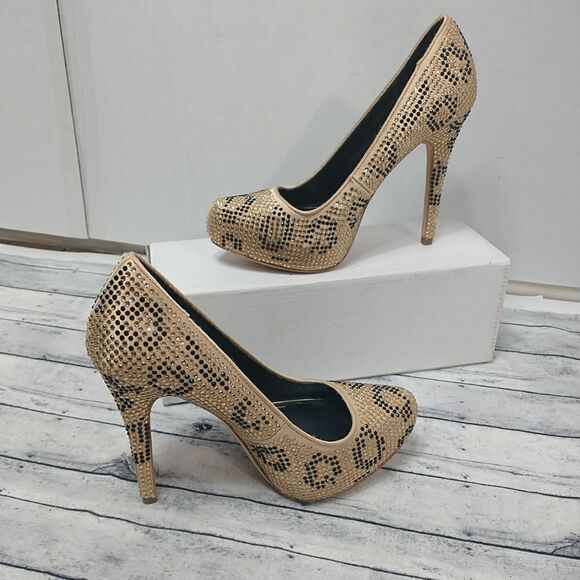 Report Signature Woman's SZ 6.5 Parker Gold Black Rhinestone Leopard Stilettos - Picture 2 of 9